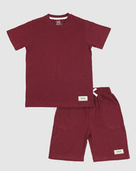 Maroon T-Shirt & Short Set - Oversized - Cotton Lycra