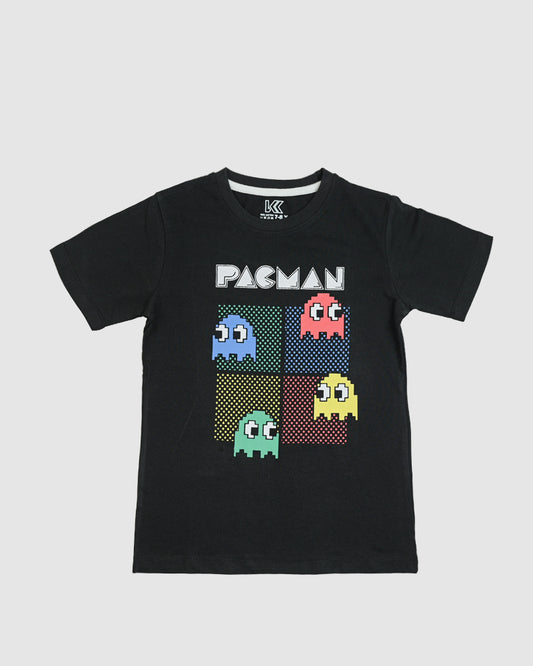 Retro Maze Game Printed Tee – Kids' Black Graphic Shirt with Ghost Characters