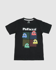 Retro Maze Game Printed Tee – Kids' Black Graphic Shirt with Ghost Characters
