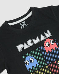 Retro Maze Game Printed Tee – Kids' Black Graphic Shirt with Ghost Characters
