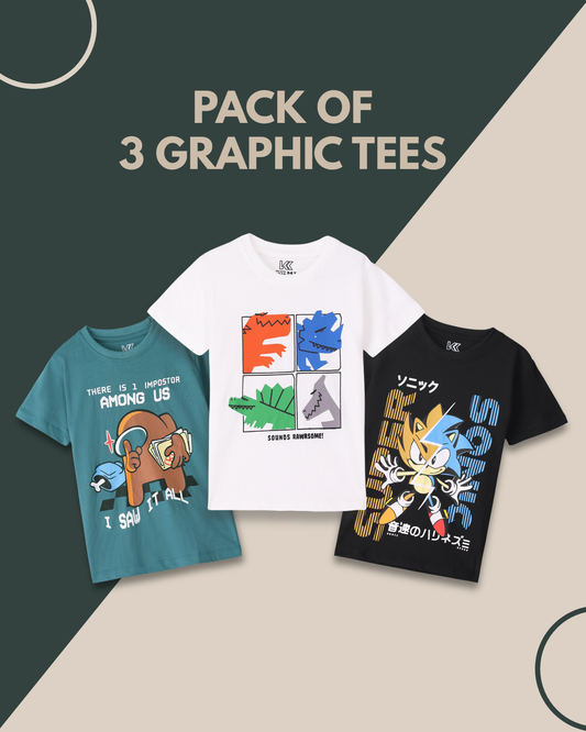 3pcs Graphic Crew Neck T-Shirt Set - Teal / White / Black