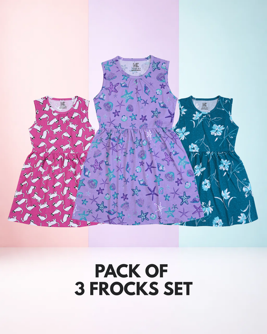 3pcs of Floral Frock Set - Pink / Purple / Teal