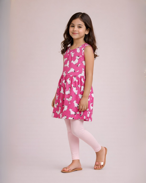 Cat Print Pink Frock & Legging Set