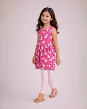 Cat Print Pink Frock & Legging Set