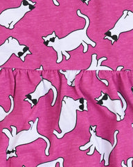 Cat Print Pink Frock– Cotton Jersey