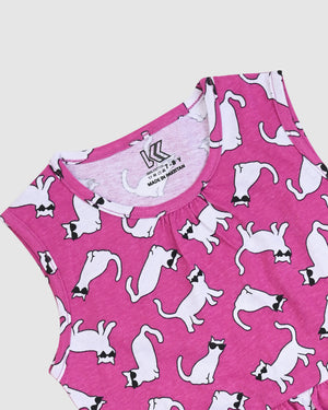 Cat Print Pink Frock & Legging Set