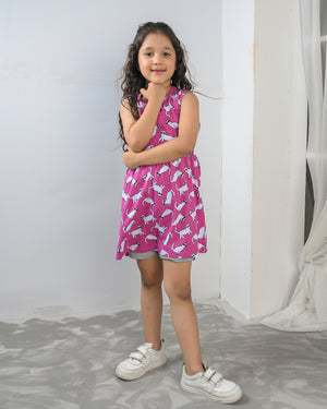 Cat Print Pink Frock & Legging Set