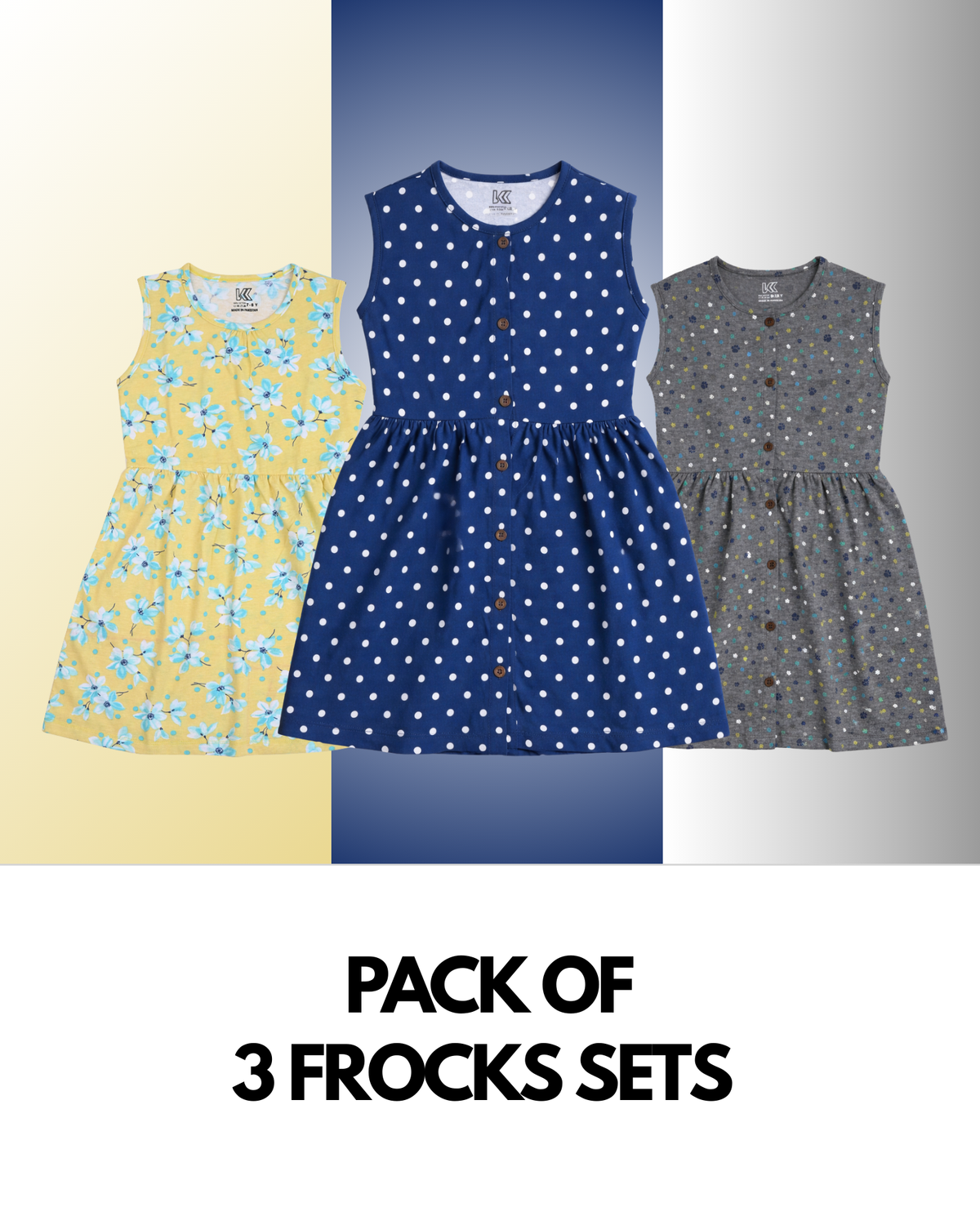 3pcs of Floral Frock Set - Yellow / Gray / Navy