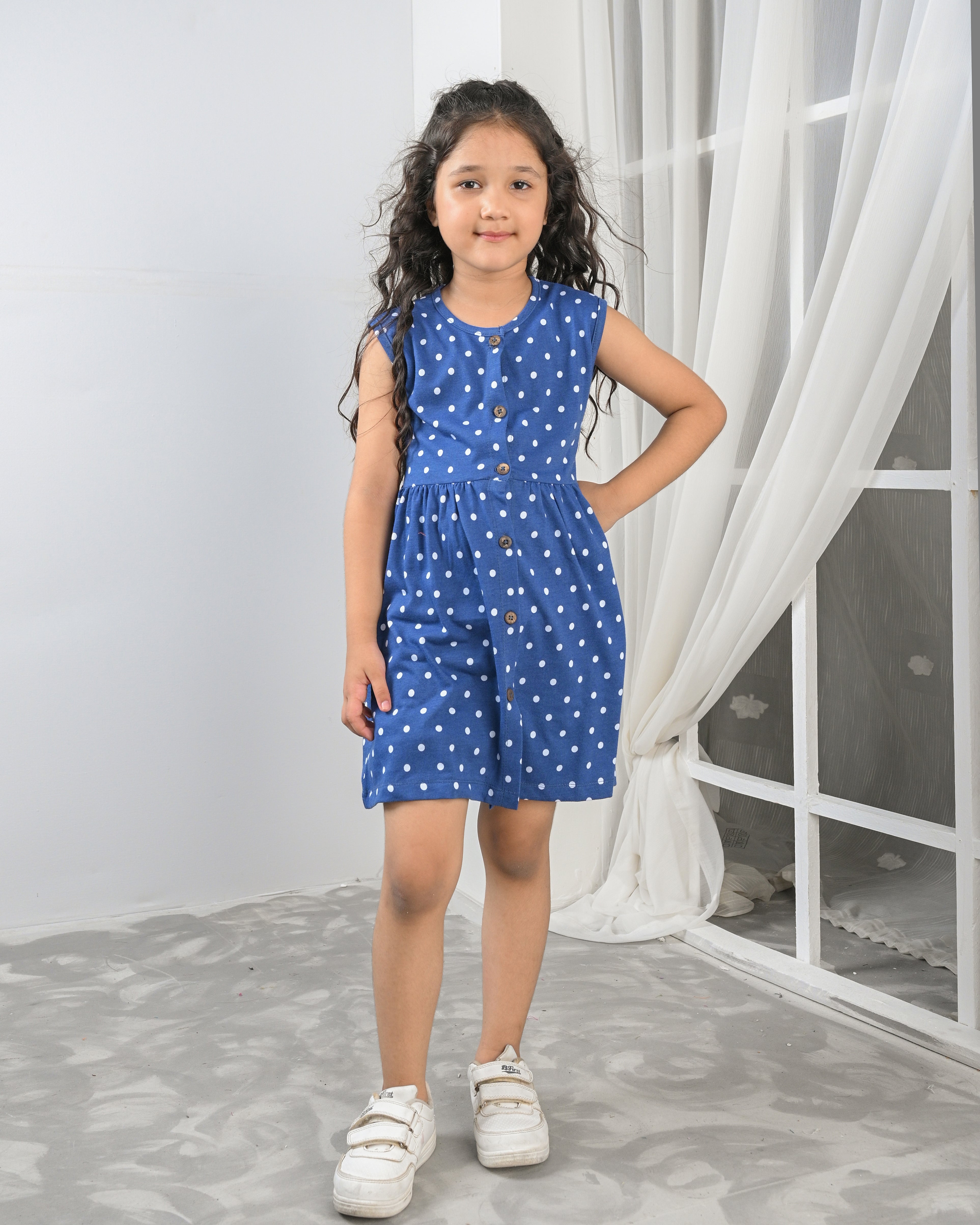 Sleeveless Cotton Jersey Frock for Girls – Blue with White Polka Dots