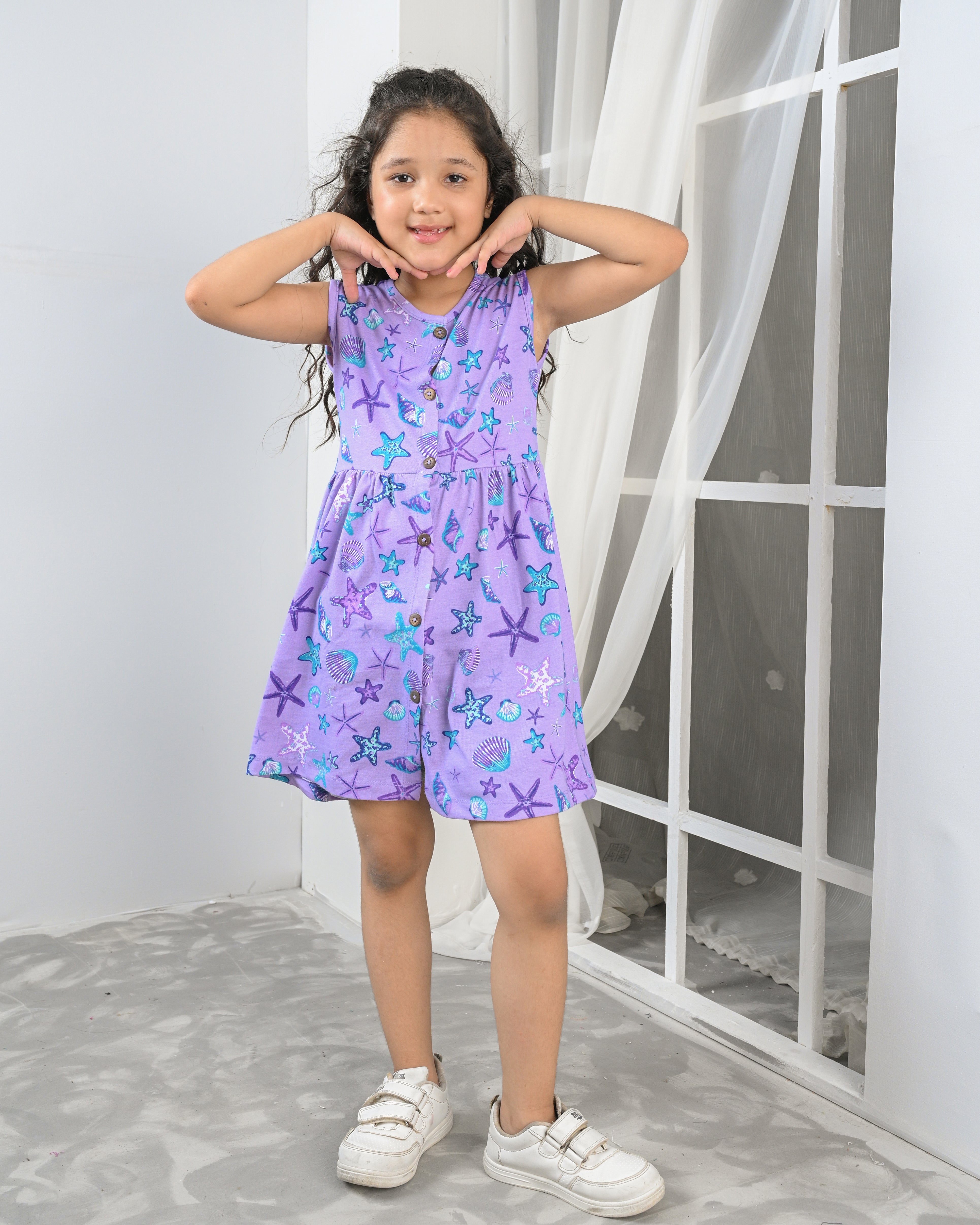 Lavender Sea Print Frock – Button Front Cotton Jersey