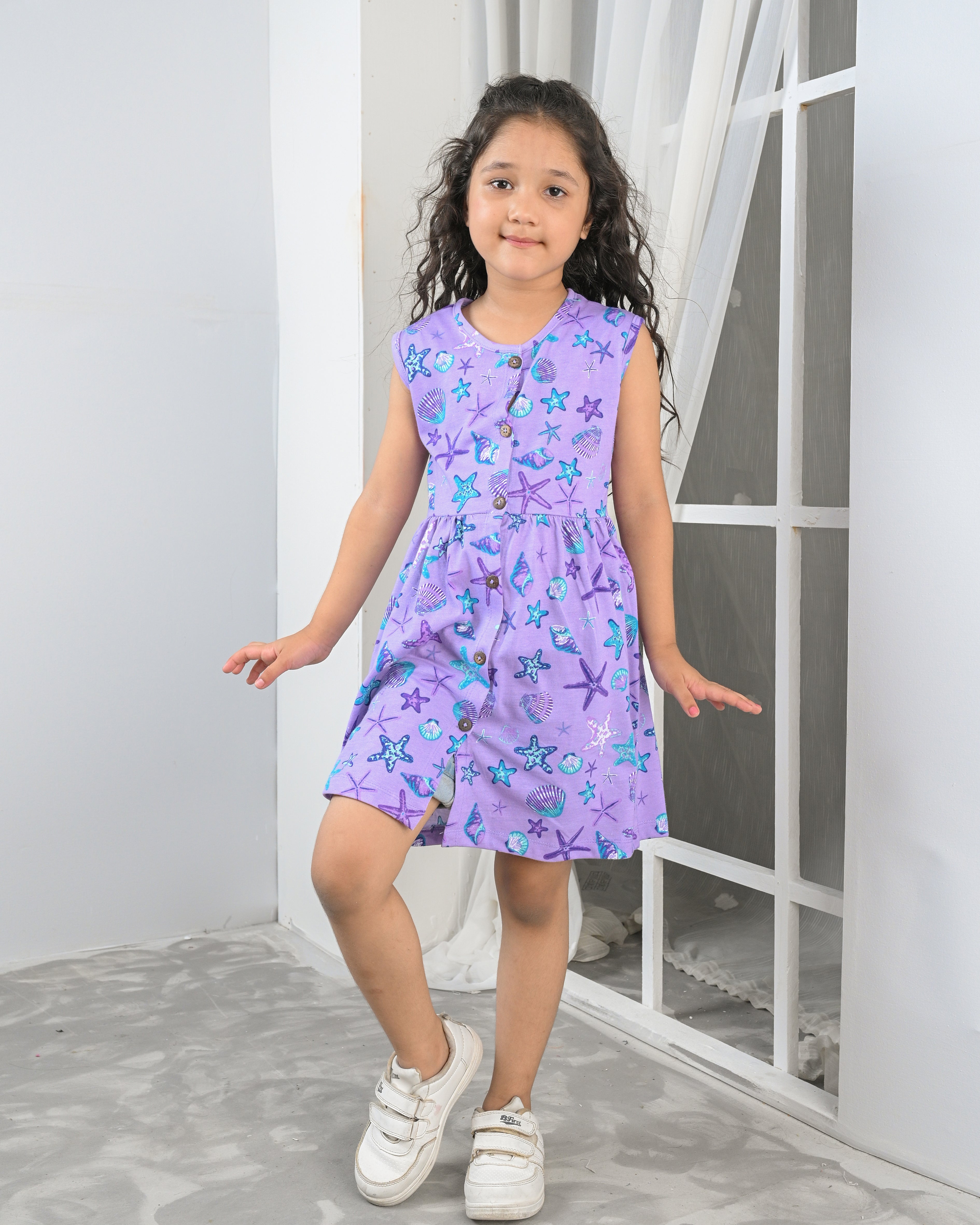 Lavender Sea Print Frock – Button Front Cotton Jersey