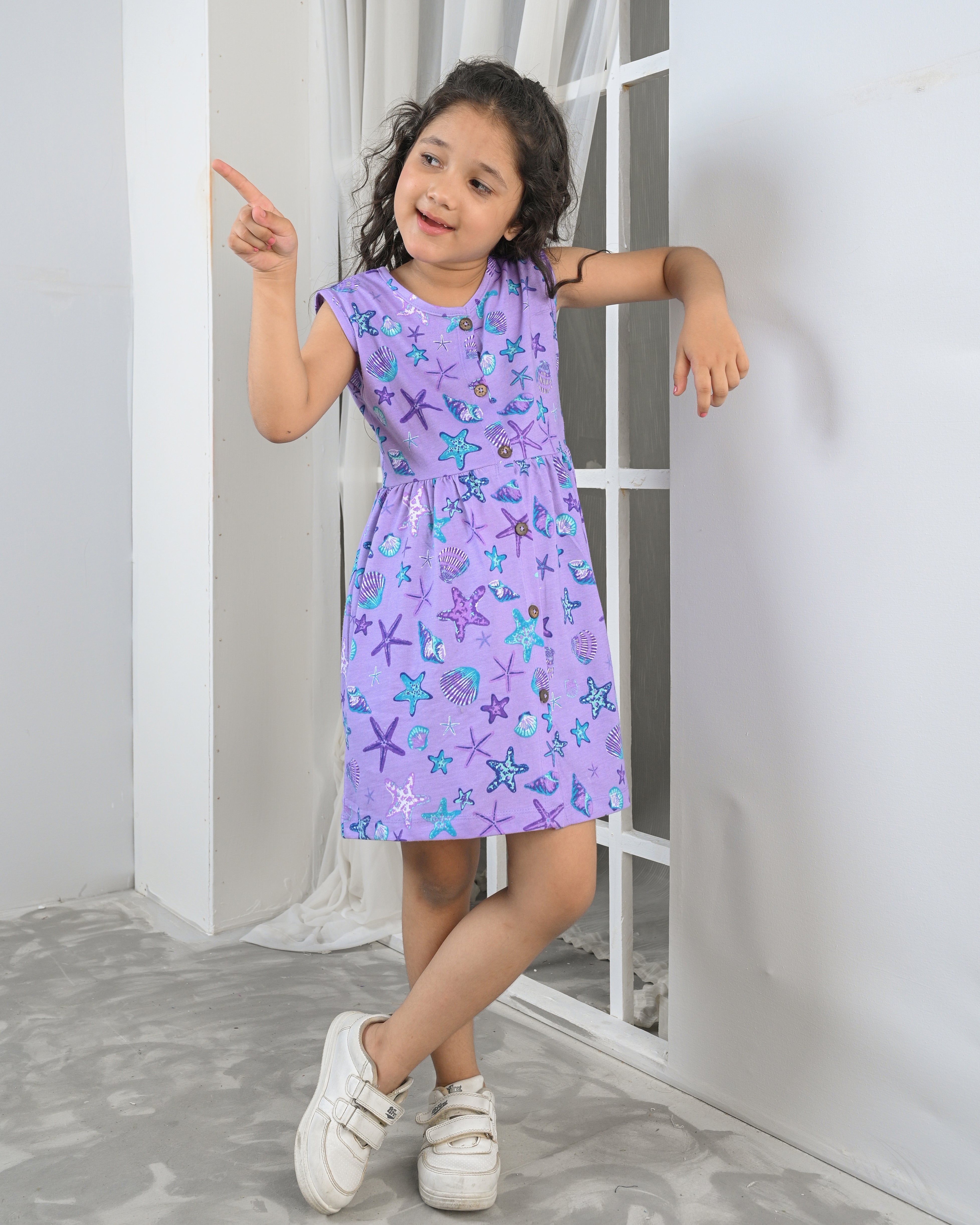 Lavender Sea Print Frock – Button Front Cotton Jersey