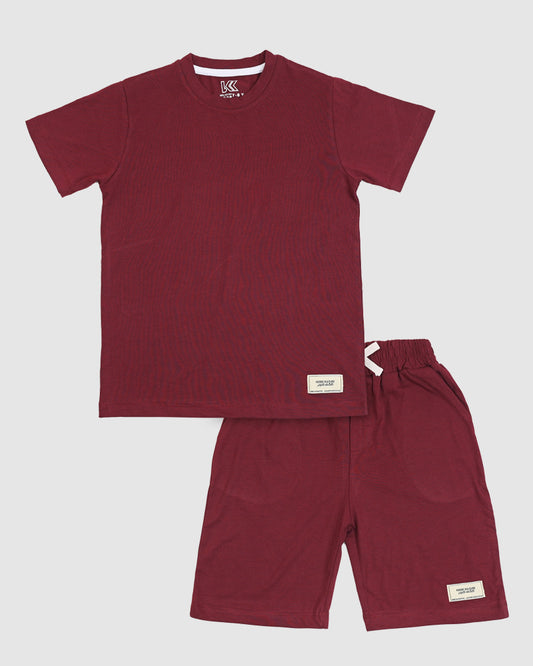 Maroon T-Shirt & Short Set - Oversized - Cotton Lycra