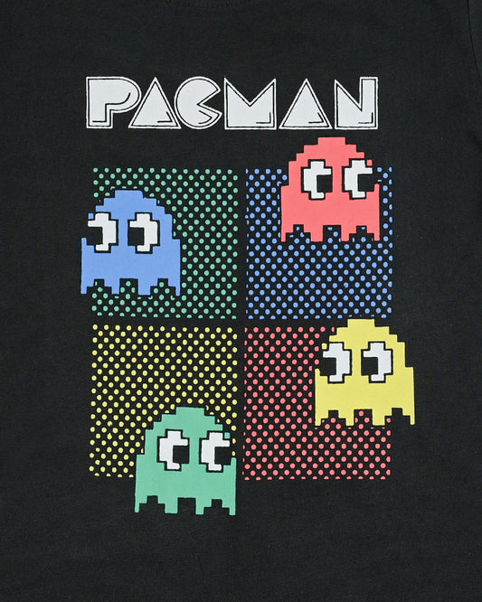 Retro Maze Game Printed Tee – Kids' Black Graphic Shirt with Ghost Characters