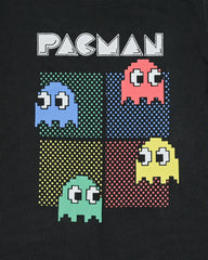 Retro Maze Game Printed Tee – Kids' Black Graphic Shirt with Ghost Characters