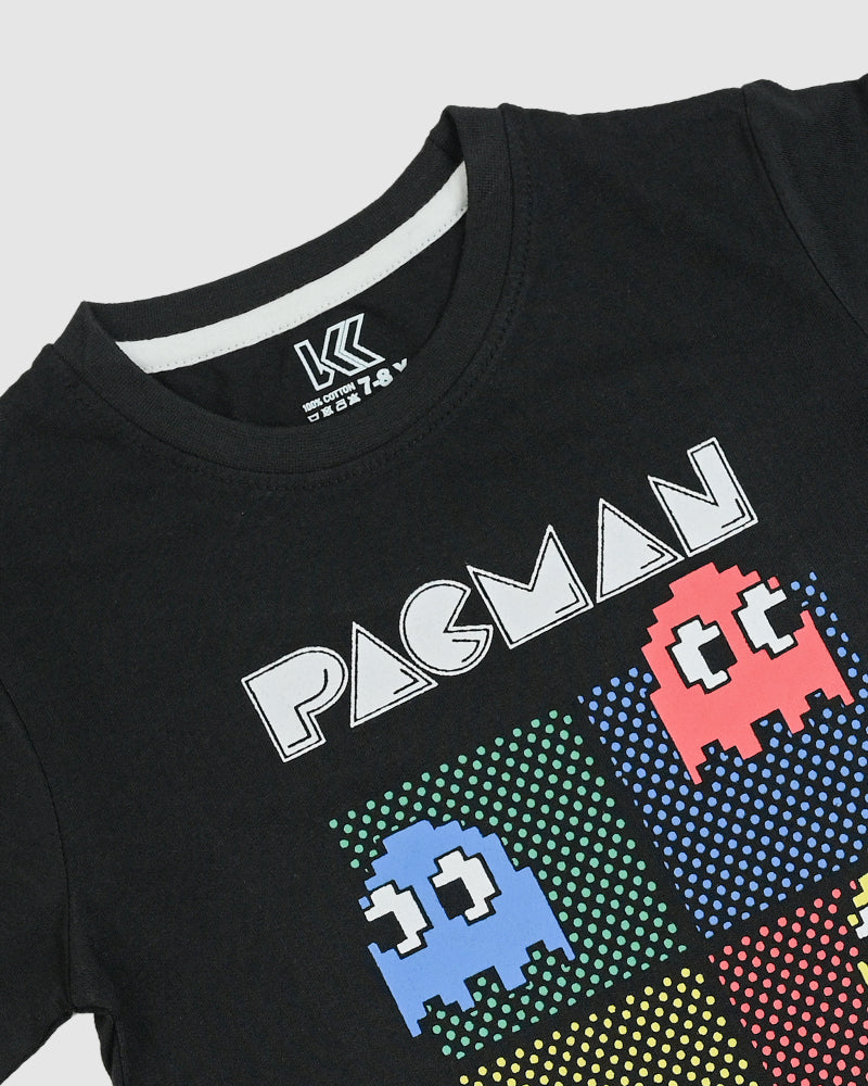 Retro Maze Game Printed Tee – Kids' Black Graphic Shirt with Ghost Characters