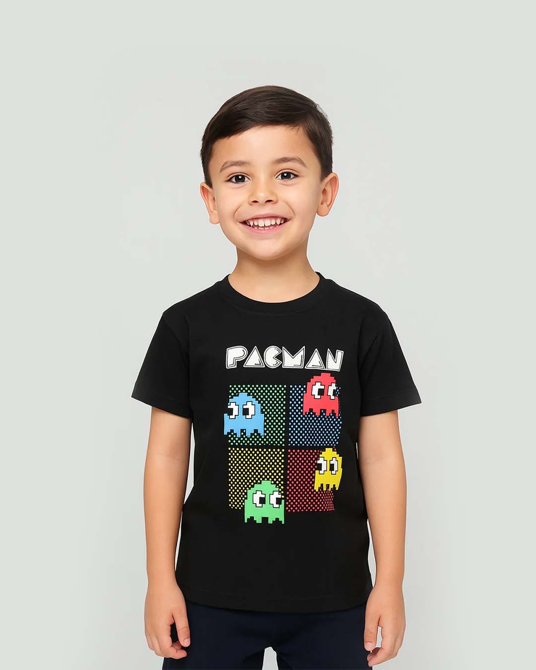 Retro Maze Game Printed Tee – Kids' Black Graphic Shirt with Ghost Characters