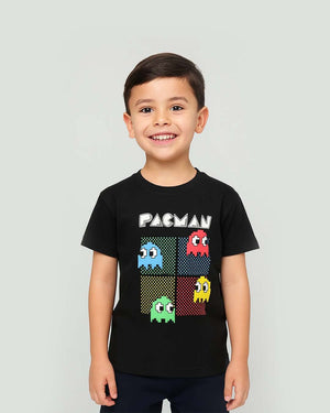 Retro Maze Game Printed Tee – Kids' Black Graphic Shirt with Ghost Characters