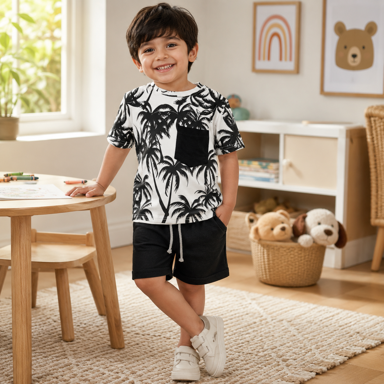 Black Palm Print Kids Co-ord Set | Shirt + Shorts