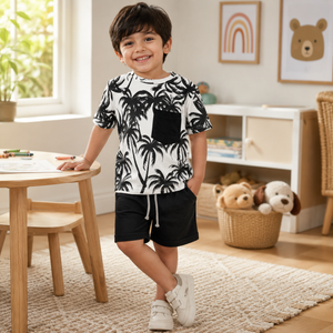 Black Palm Print Kids Co-ord Set | Shirt + Shorts