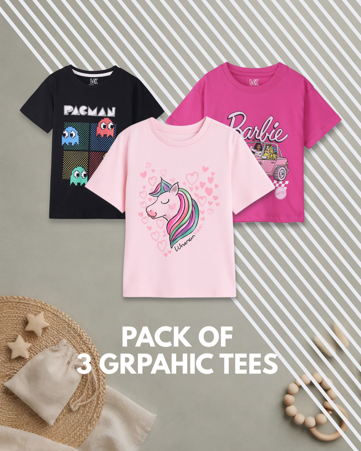 3pcs Graphic Crew Neck T-Shirt Set - Black / Light Pink / Dark Pink