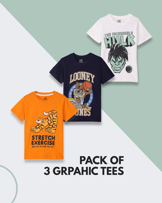 3pcs Graphic Crew Neck T-Shirt Set - Orange / Navy / White