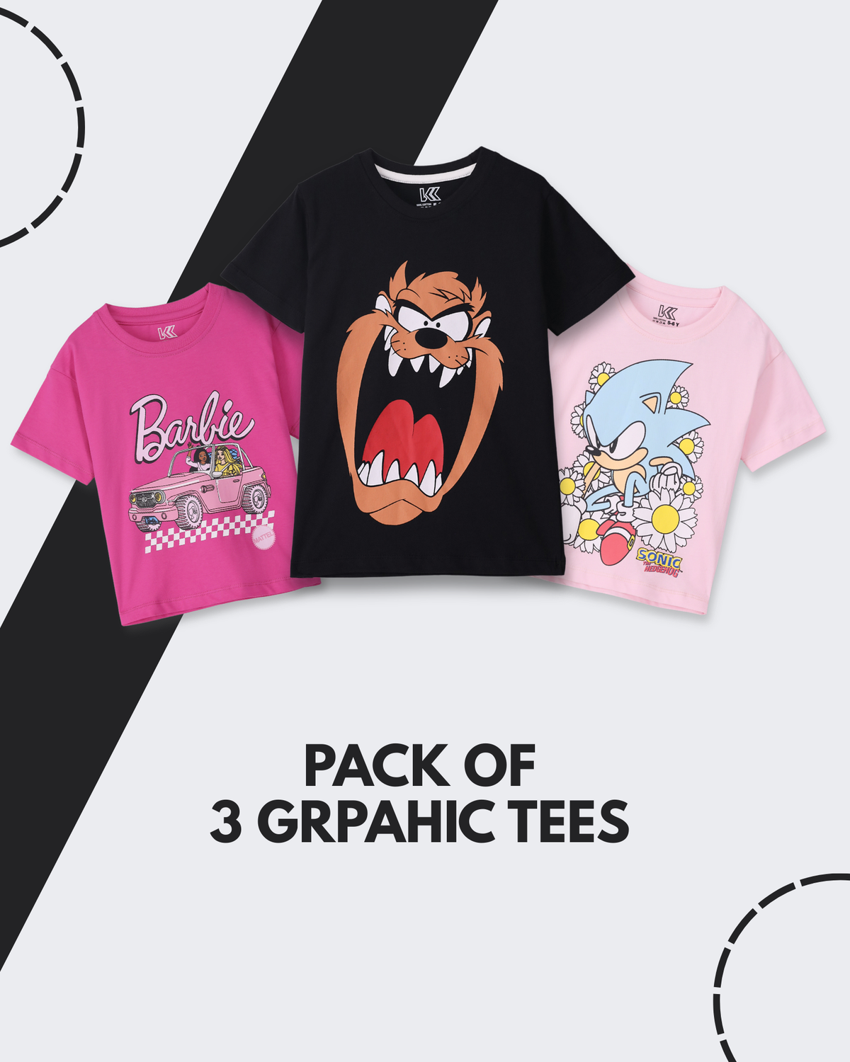 3pcs Graphic Crew Neck T-Shirt Set - Dark Pink / Light Pink / Black