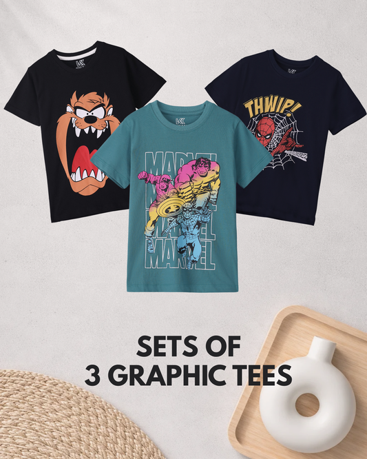 3pcs Graphic Crew Neck T-Shirt Set - Black / Teal / Navy