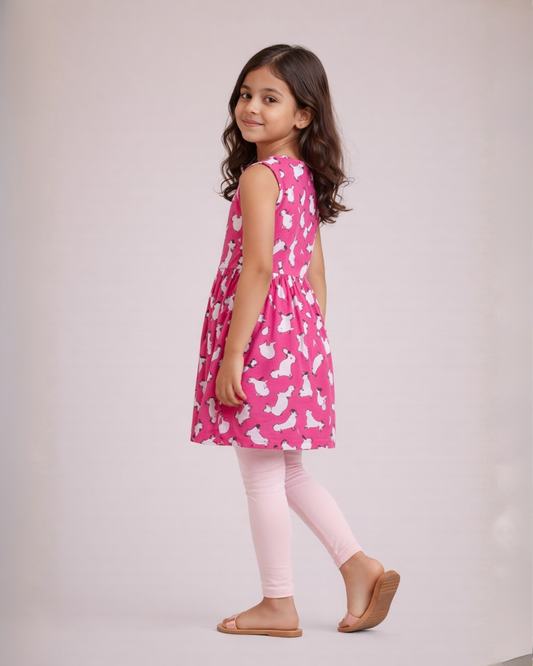 Cat Print Pink Frock & Legging Set