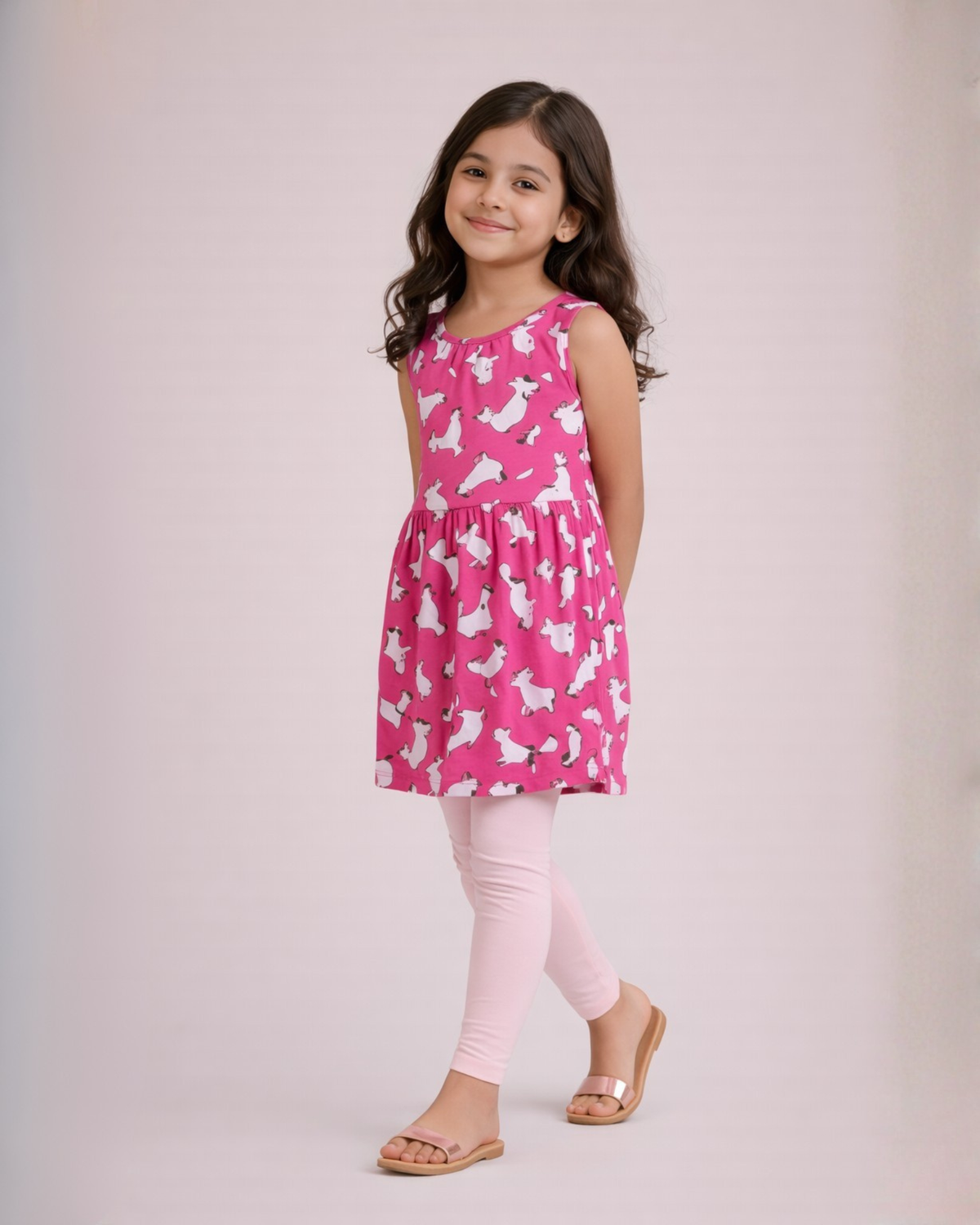 Cat Print Pink Frock & Legging Set