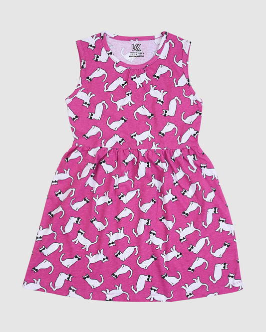 Cat Print Pink Frock– Cotton Jersey