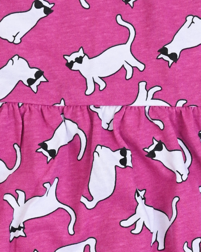 Cat Print Pink Frock– Cotton Jersey