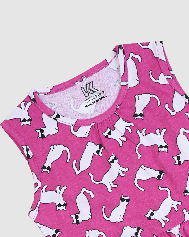 Cat Print Pink Frock– Cotton Jersey