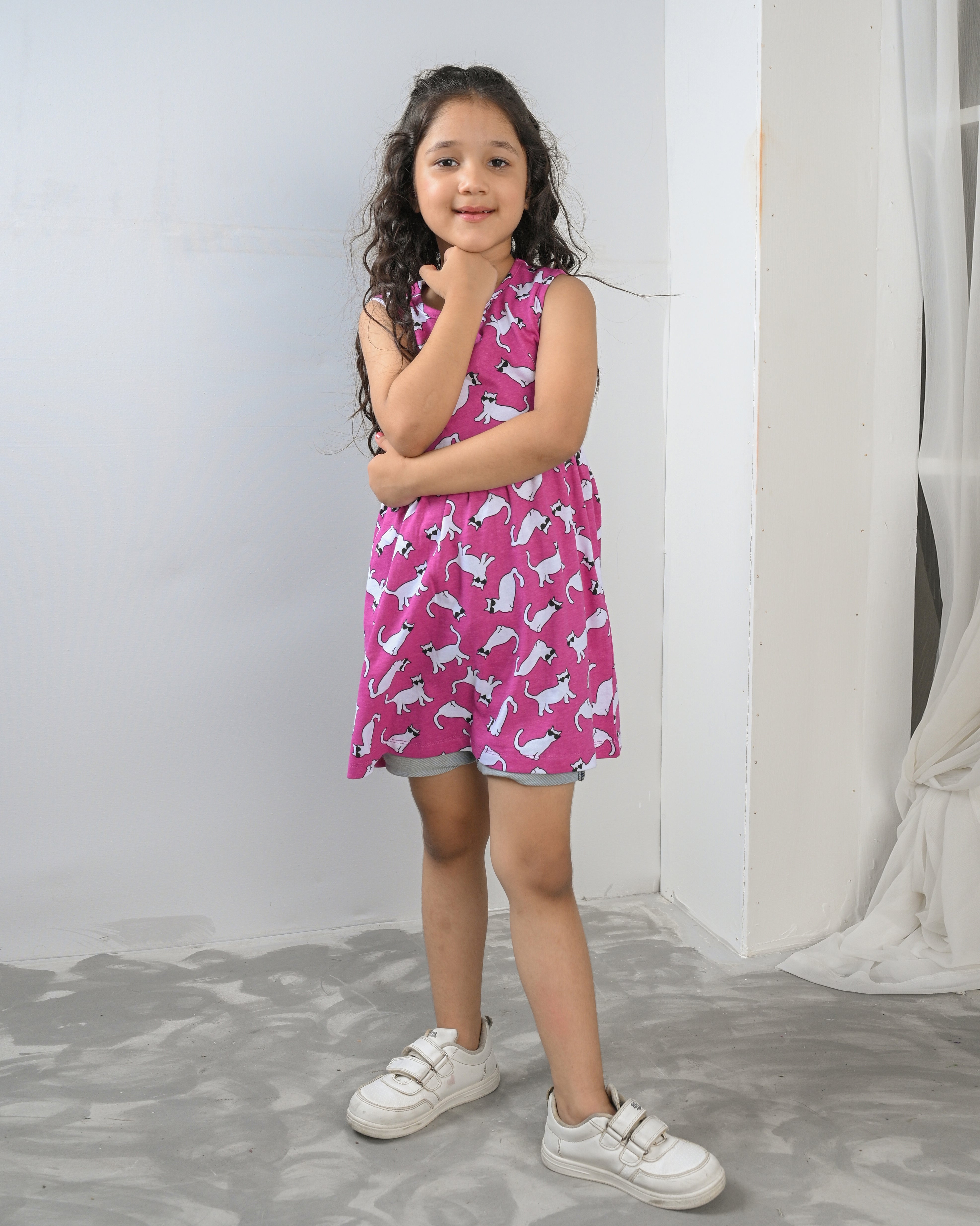 Cat Print Pink Frock– Cotton Jersey