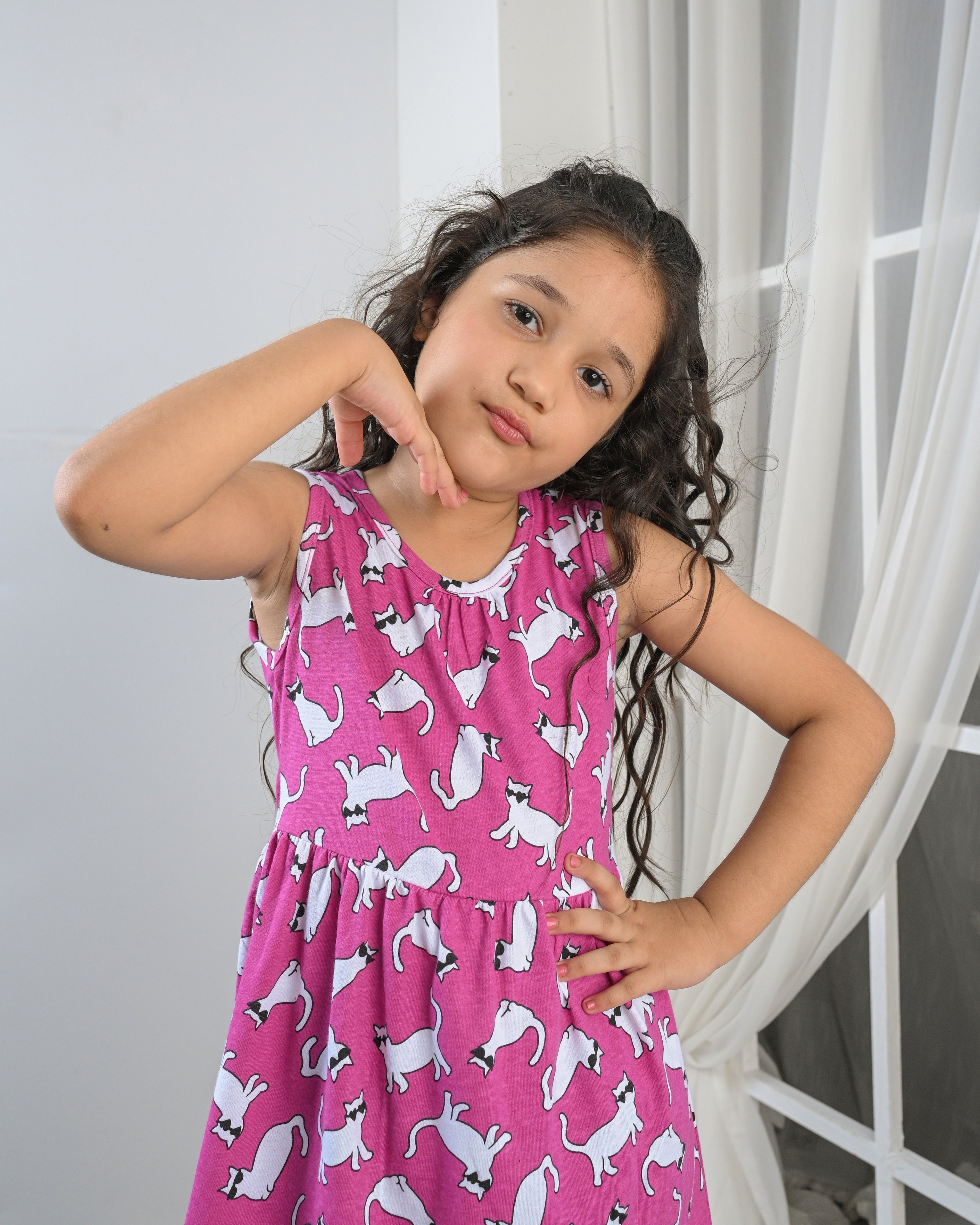 Cat Print Pink Frock– Cotton Jersey