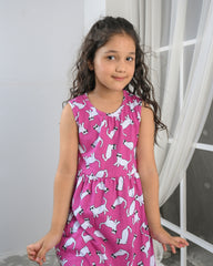 Cat Print Pink Frock– Cotton Jersey