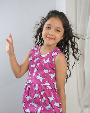 Cat Print Pink Frock & Legging Set
