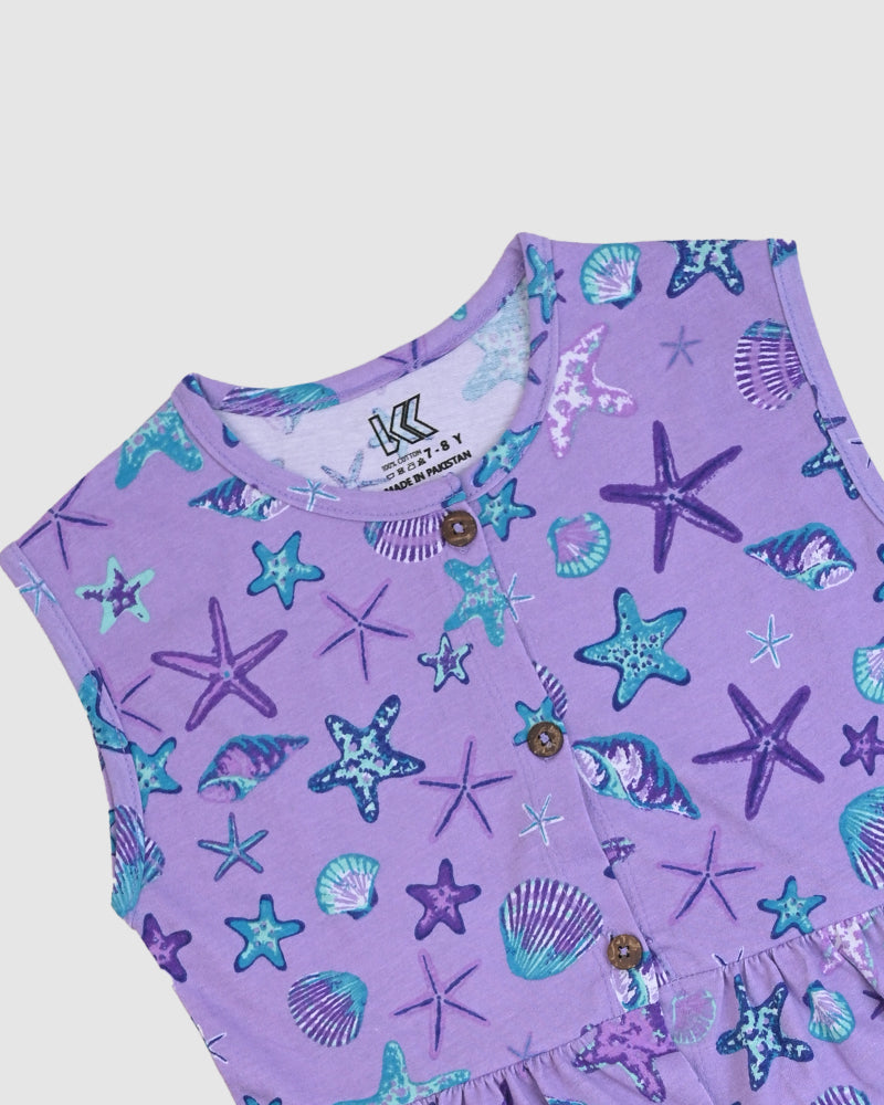 Lavender Sea Print Frock – Button Front Cotton Jersey