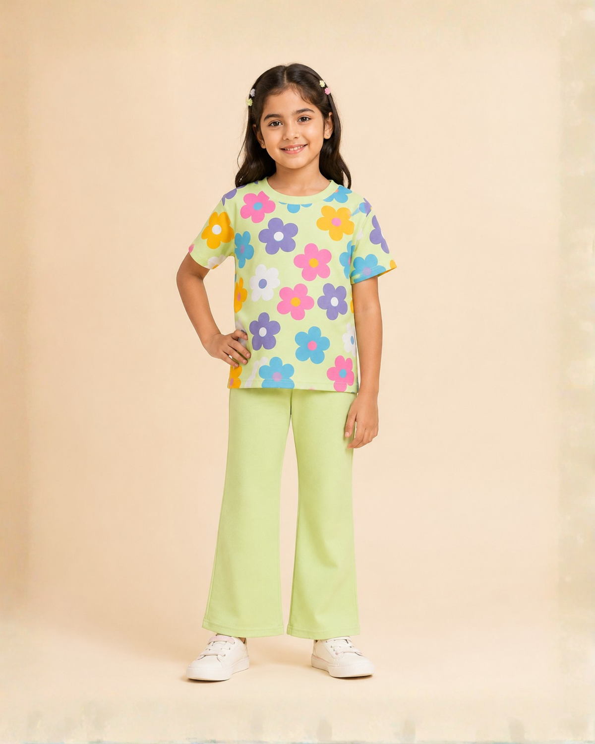 Green Floral Girls Outfit | Shirt + Pants Set