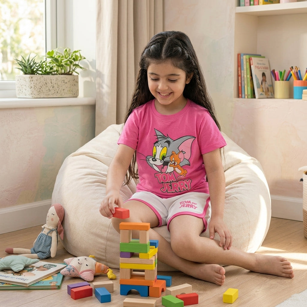 Tom and Jerry Pink Kids Outfit | T-Shirt + Shorts